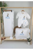 gros shop Müslin Yeni Doğan 4Katlı Organik %100Pamuk Kişiye Özgü Nakışlı Hastane Çıkış Seti-Ayıcık Model thumbnail 2