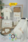 gros shop Müslin Yeni Doğan 4Katlı Organik %100Pamuk Kişiye Özgü Nakışlı Hastane Çıkış Seti (Papatya Model-13) thumbnail 1