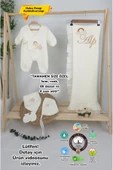 gros shop Müslin Yeni Doğan 4Katlı Organik %100Pamuk Kişiye Özgü Nakışlı Hastane Çıkış Seti (Gökkuşağı Model2) thumbnail 1
