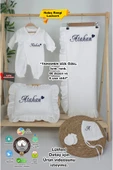 gros shop Müslin Yeni Doğan 2Katlı Organik %100Pamuk Kişiye Özgü Nakışlı Hastane Çıkış Seti (Kalpli Model-2) - 1