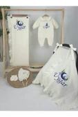 gros shop Müslin Yeni Doğan 4Katlı Organik %100Pamuk Kişiye Özgü Nakışlı Hastane Çıkış Seti (Kurt Model-2) thumbnail 1