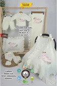 gros shop Müslin Yeni Doğan 4Katlı Organik %100Pamuk Kişiye Özgü Nakışlı Hastane Çıkış Seti (Güllü Model-2) thumbnail 1