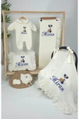 gros shop Müslin Yeni Doğan 4Katlı Organik %100Pamuk Kişiye Özgü Nakışlı Hastane Çıkış Seti (Balonlu Aslan-4) thumbnail 2