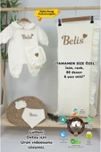 gros shop Müslin Yeni Doğan 4Katlı Organik %100Pamuk Kişiye Özgü Nakışlı Hastane Çıkış Seti-Kahverengi Kalpli thumbnail 1