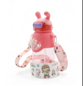 Kaliteli Astronot Tavşan Figürlü Matara Etiket Hediyeli Okul Çocuk Suluğu Pipetli 750ml PEMBE RENK - 2