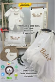 gros shop Müslin Yeni Doğan 4Katlı Organik %100Pamuk Kişiye Özgü Nakışlı Hastane Çıkış Seti-Kahverengi Kalpli - 1
