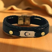 14 Ayar Altın Plakalı Sembole Özel Hakiki Siyah Derili Oval Motifli Hediye Bileklik-563 thumbnail 1