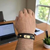 14 Ayar Altın Plakalı Sembole Özel Hakiki Siyah Derili Oval Motifli Hediye Bileklik-563 thumbnail 3