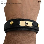 14 Ayar Altın Plakalı Burca Özel Hakiki Siyah Derili Oval Figürlü Hediye Bileklik-564 thumbnail 3