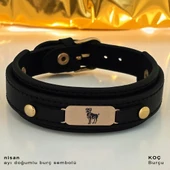 14 Ayar Altın Plakalı Burca Özel Hakiki Siyah Derili Oval Figürlü Hediye Bileklik-564 thumbnail 1