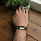 14 Ayar Altın Plakalı Harfe Özel Oval Motifli Hakiki Siyah Derili Hediye Bileklik-563 thumbnail 3