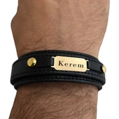 14 Ayar Altın Plakalı İsme Özel Oval Figürlü Hakiki Siyah Derili Hediye Bileklik-564 thumbnail 3