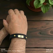 14 Ayar Altın Plakalı Doğum Ayına Özel Oval Motifli Hakiki Siyah Derili Hediye Bileklik-563 thumbnail 2