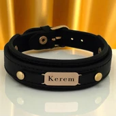 14 Ayar Altın Plakalı İsme Özel Oval Figürlü Hakiki Siyah Derili Hediye Bileklik-564 thumbnail 1