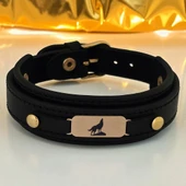 14 Ayar Altın Plakalı Sembole Özel Oval Figürlü Hakiki Siyah Derili Hediye Bileklik-564 thumbnail 1