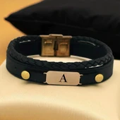 14 Ayar Altın Plakalı Harfe Özel Oval Motifli Hakiki Siyah Derili Hediye Bileklik-563 thumbnail 1