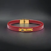 14 Ayar Altın Plakalı İsme Özel Taç Motifli Koyu Kırmızı Derili Hediye Bileklik-567 thumbnail 1
