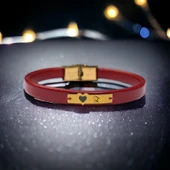 14 Ayar Altın Plakalı Harfe Özel Koyu Kırmızı Derili Kalp Figürlü Hediye Bileklik-566 thumbnail 1