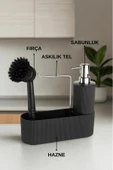 Siyah Çok Amaçlı Sabunluk Mutfak Lavabo Düzenleyici Set-Plastik Çizgili Sabunluk thumbnail 2