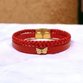 14 Ayar Altın Plakalı Harfe Özel Doğal Kırmızı Derili Kelebek Motifli Hediye Bileklik-565 thumbnail 1