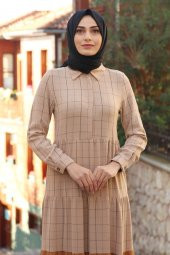 Çizgi Detaylı Tesettür Elbise - Vizon - 2
