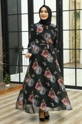Çiçek Desenli Tesettür Elbise - Siyah - 1