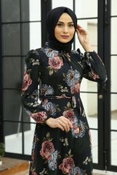 Çiçek Desenli Tesettür Elbise - Siyah - 2