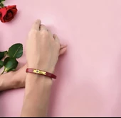 14 Ayar Altın Plakalı İsme Özel Kalp Figürlü Koyu Kırmızı Derili Hediye Bileklik-566 thumbnail 2