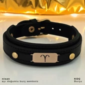 14 Ayar Altın Plakalı Doğum Ayına Özel Hakiki Siyah Derili Oval Figürlü Hediye Bileklik-564 thumbnail 1