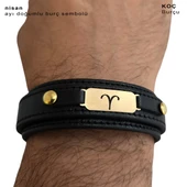 14 Ayar Altın Plakalı Doğum Ayına Özel Hakiki Siyah Derili Oval Figürlü Hediye Bileklik-564 thumbnail 3
