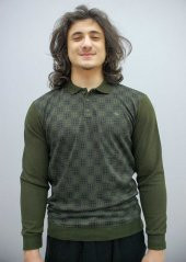 95058 Haki Polo Yaka Kare Desenli Selanik Kazak - 1