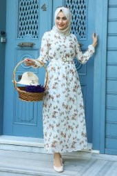 Çiçek Desenli Tesettür Elbise - Taba thumbnail 1