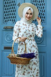 Çiçek Desenli Tesettür Elbise - Taba thumbnail 2