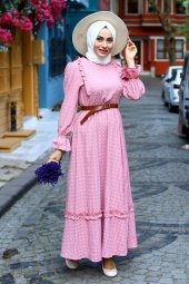 Fırfırlı Tesettür Elbise - Pembe - 1