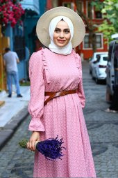 Fırfırlı Tesettür Elbise - Pembe - 2