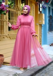 İnci Detaylı Tesettür Abiye Elbise - Pembe - 1