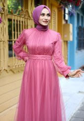 İnci Detaylı Tesettür Abiye Elbise - Pembe - 2