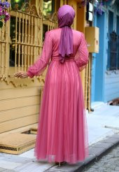 İnci Detaylı Tesettür Abiye Elbise - Pembe - 3