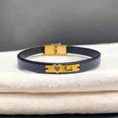 14 Ayar Altın Plakalı İsme Özel Kalp Figürlü Doğal Siyah Derili Hediye Bileklik-568 thumbnail 1