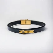 14 Ayar Altın Plakalı Harfe Özel Doğal Siyah Derili Taç Motifli Hediye Bileklik-569 thumbnail 1