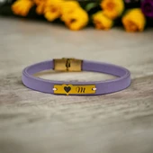 14 Ayar Altın Plakalı Harfe Özel Doğal Mor Derili Kalp Figürlü Hediye Bileklik-570 thumbnail 1