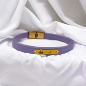 14 Ayar Altın Plakalı Harfe Özel Doğal Mor Derili Taç Motifli Hediye Bileklik-571 thumbnail 1