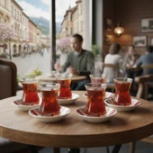 Paşabahçe 6'lı Çay Bardağı 130cc ve Porland Porselen 6'lı Çay Tabağı Set (Kolye,Küpe Hediyeli) - 1