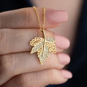 Vaoov 925 Ayar Gümüş Taşlı Çınar Yaprağı Kolye thumbnail 1