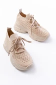 SP-2024 Bej Günlük Bağcıklı Fileli Taş Aksesuarlı Kadın Spor Ayakkabı thumbnail 3