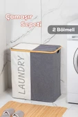 Porsima Mio-103 Bambu 2 Bölmeli Banyo Kirli Çamaşır Sepeti Banyo Düzenleyici Sepet 59X53,5 cm - 1