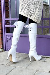 Kadın Beyaz Cilt Arka Kurdelalı Çizme 11 cm Topuklu Çizme - 1