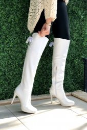 Kadın Beyaz Cilt Arka Kurdelalı Çizme 11 cm Topuklu Çizme - 2