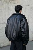 Oversize Vintage Erkek Siyah Deri Ceket - 3