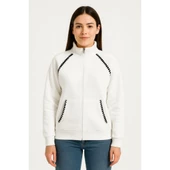 Lucky Life Oversize Dik Yaka Fermuarlı Sweatshirt - Zincir Nakışli Kanguru Cepli, - Beyaz - 5
